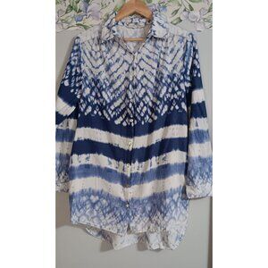 Beach & Boho Large Blue White Tie Dye Cotton Button Up Travel Pool Vacation Top